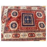 Persian-Style Oriental Rug - Red Field with Navy Central Medallion, Fringed Edges