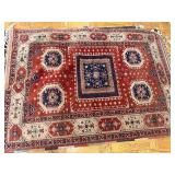 Persian-Style Oriental Rug - Red Field with Navy Central Medallion, Fringed Edges