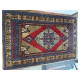 Persian-Style Oriental Rug - Red Diamond Medallion, Blue/Gold Border, Fringed Ends