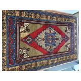 Persian-Style Oriental Rug - Red Diamond Medallion, Blue/Gold Border, Fringed Ends