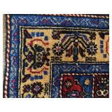 Persian-Style Oriental Rug - Red Diamond Medallion, Blue/Gold Border, Fringed Ends