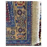 Persian-Style Oriental Rug - Red Diamond Medallion, Blue/Gold Border, Fringed Ends