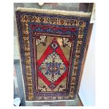 Persian-Style Oriental Rug - Red Diamond Medallion, Blue/Gold Border, Fringed Ends