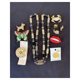 Gold-Tone Geometric Link Necklace with Black Rectangular Beads - Mixed Costume Jewelry Set