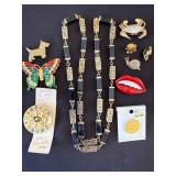 Gold-Tone Geometric Link Necklace with Black Rectangular Beads - Mixed Costume Jewelry Set