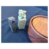 EPNS Engraved Metal Case with Blue Cabochon - Vintage Desk Decor (Coasters, Bell, Seal)