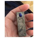 EPNS Engraved Metal Case with Blue Cabochon - Vintage Desk Decor (Coasters, Bell, Seal)