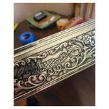 Vintage Embossed Tin Trinket Box - Military Scene, Ornate Border, Silver Tone