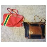 Two vintage Handbags - Red Nylon Satchel with Stripe Detail and Navy Leather Tote