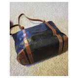 Two vintage Handbags - Red Nylon Satchel with Stripe Detail and Navy Leather Tote
