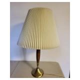 Mid-Century Table Lamp - Brass Base, Wood Stem, Cream Pleated Shade