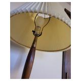 Mid-Century Table Lamp - Brass Base, Wood Stem, Cream Pleated Shade