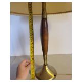Mid-Century Table Lamp - Brass Base, Wood Stem, Cream Pleated Shade