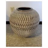 Ceramic Vase - Large Textured Round Vessel with Gray/Beige Pattern
