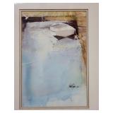 Abstract Coastal Landscape - Framed Artwork, Pale Blue Wash, Signed
