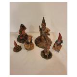 Six-Piece Vintage Hand-Painted Gnome Figurine Set - Leaf & Acorn Bases