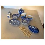 Miniature Blue Willow Child Tea Set Lot Porcelain Plates Teapot Cups