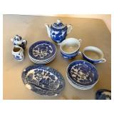 Miniature Blue Willow Child Tea Set Lot Porcelain Plates Teapot Cups