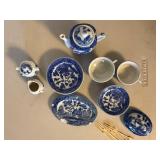 Miniature Blue Willow Child Tea Set Lot Porcelain Plates Teapot Cups