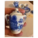 Miniature Blue Willow Child Tea Set Lot Porcelain Plates Teapot Cups