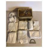 Vintage Mondamin Hamburg Tin w White Lace Trim Sewing Lot