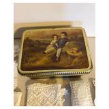 Vintage Mondamin Hamburg Tin w White Lace Trim Sewing Lot