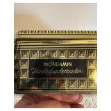 Vintage Mondamin Hamburg Tin w White Lace Trim Sewing Lot