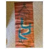 Pair Vintage Signed Batik Textile Wall Hangings w Wood Slats 12x28