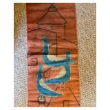 Pair Vintage Signed Batik Textile Wall Hangings w Wood Slats 12x28
