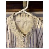 Vintage Moroccan Style Caftan Robe White Blue Striped Embroidered