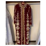 Burgundy Velvet Moroccan Style Caftan Robe Gold Trim Rhinestones