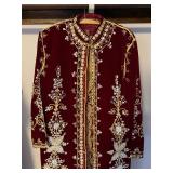 Burgundy Velvet Moroccan Style Caftan Robe Gold Trim Rhinestones