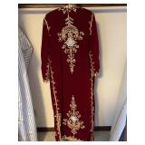 Burgundy Velvet Moroccan Style Caftan Robe Gold Trim Rhinestones