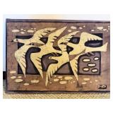Signed Vintage Batik Textile Wall Art Flying Birds Framed 26x18