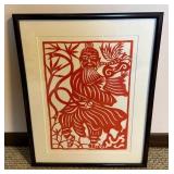 Framed Chinese Paper Cut Style Artwork Red Figure Phoenix 16x20