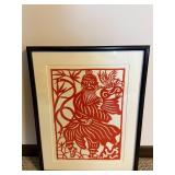 Framed Chinese Paper Cut Style Artwork Red Figure Phoenix 16x20