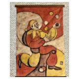 Vintage Clown Jester Fabric Wall Hanging Batik Style 17x26 Signed