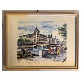 Signed Framed Paris Watercolor La Conciergerie et la Seine Artwork