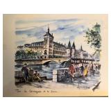 Signed Framed Paris Watercolor La Conciergerie et la Seine Artwork