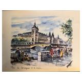 Signed Framed Paris Watercolor La Conciergerie et la Seine Artwork