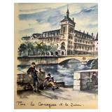 Signed Framed Paris Watercolor La Conciergerie et la Seine Artwork