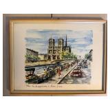 Signed Framed Paris Notre Dame Watercolor Painting 14x10 Street Scene