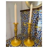 Abigails Italy Ceramic Taper Candlesticks Pair Yellow Drip Glaze