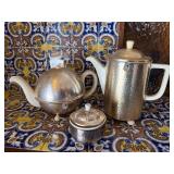 Vintage Art Deco Thermal Ball Teapot Coffee Pot and Sugar Dish WMF Hutchenreuther Silver Plated and Ceramic German Art Deco Hammered Metal Coffee Tea Set 3 Pc Insulated