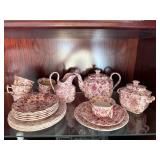 Antique Red Transferware Tea Set Lot Teapot Plates Cups Sugar