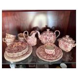 Antique Red Transferware Tea Set Lot Teapot Plates Cups Sugar