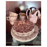 Antique Red Transferware Tea Set Lot Teapot Plates Cups Sugar