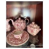 Antique Red Transferware Tea Set Lot Teapot Plates Cups Sugar