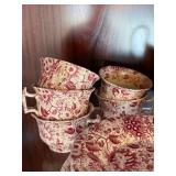 Antique Red Transferware Tea Set Lot Teapot Plates Cups Sugar