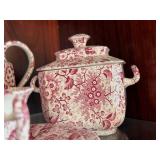 Antique Red Transferware Tea Set Lot Teapot Plates Cups Sugar